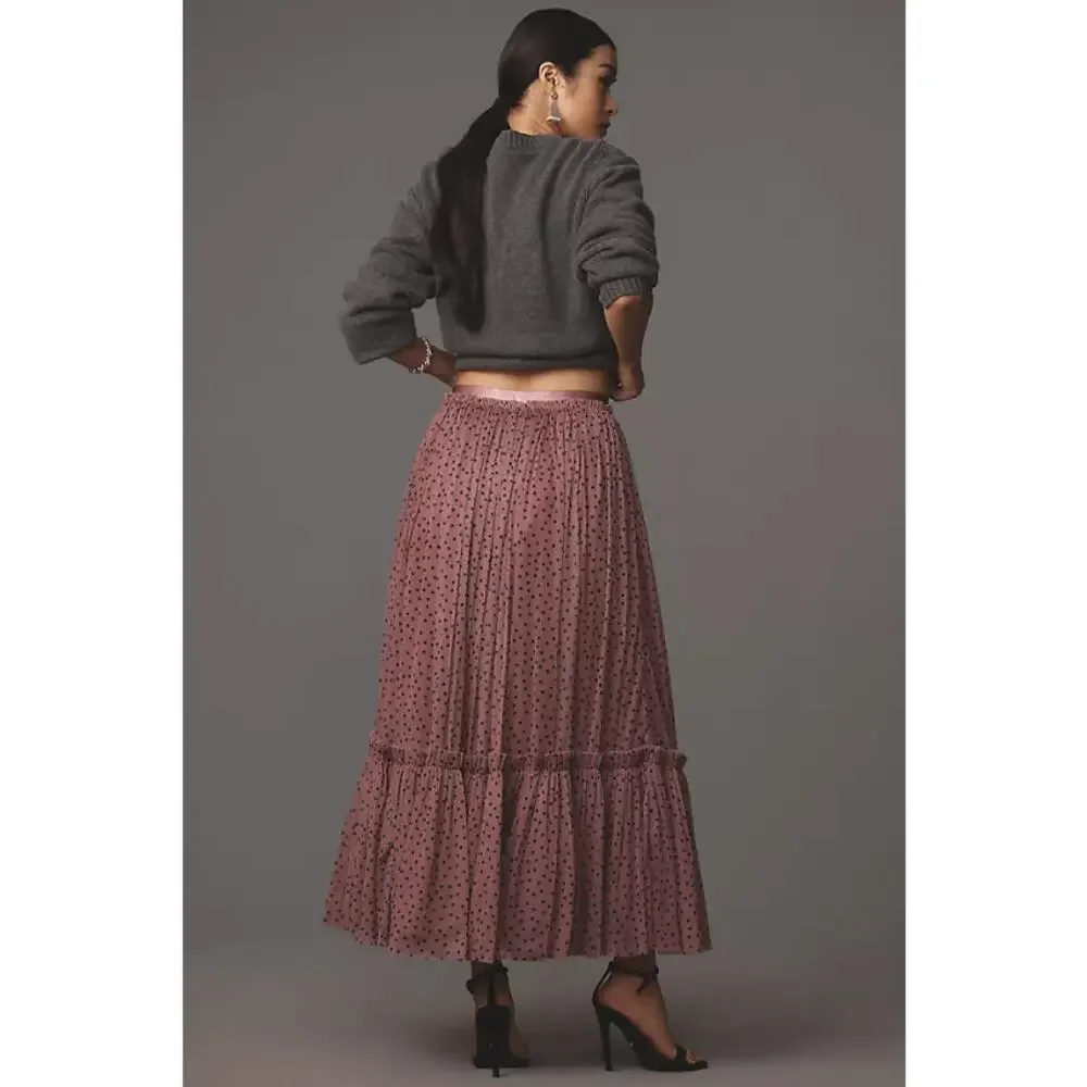 Anthropologie Maeve Tiered Tulle Polka Dot Midi Maxi Skirt Pink Purple Small